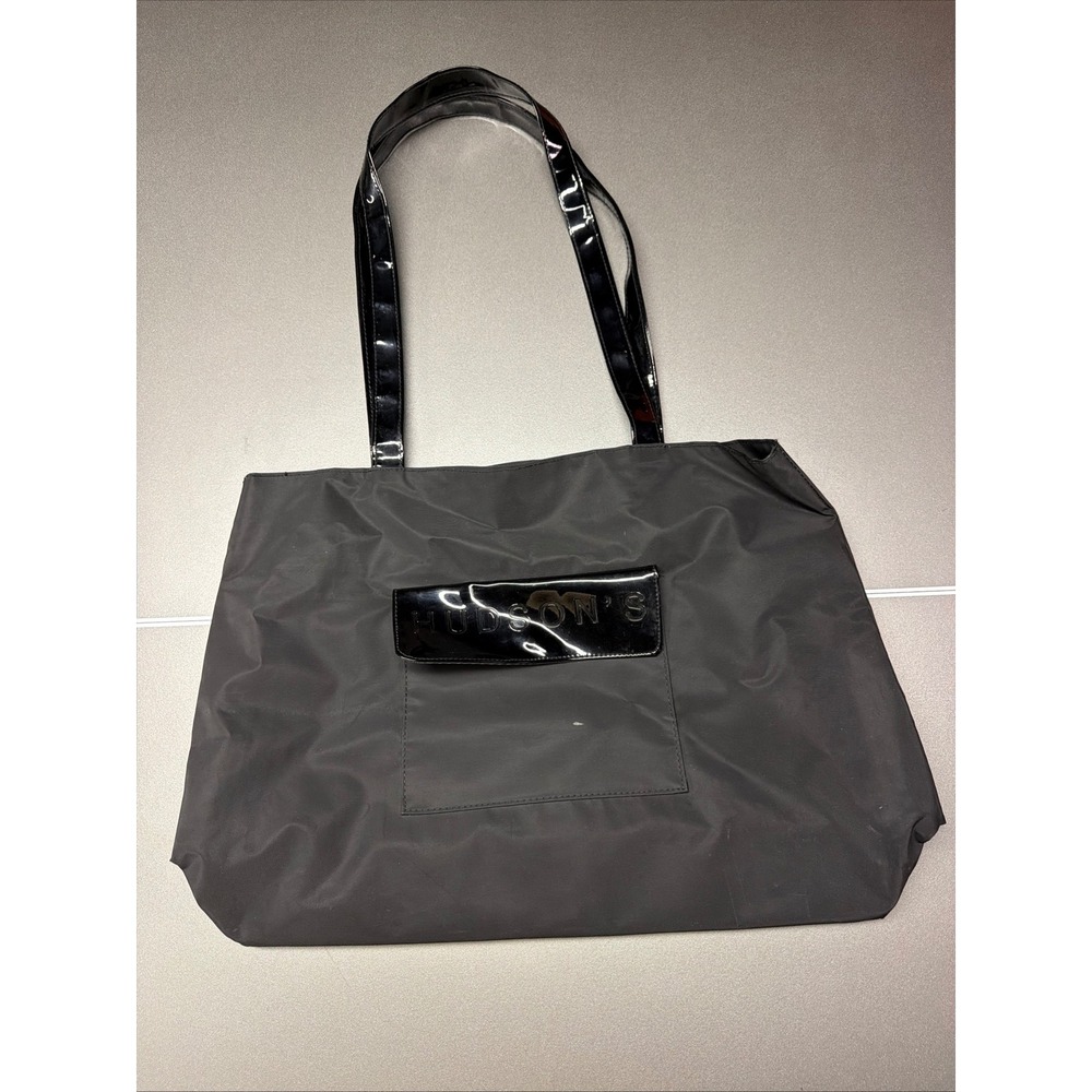 Hudson's Black Nylon Tote Bag Patent Leather Hands W Pocket‎ Detailing